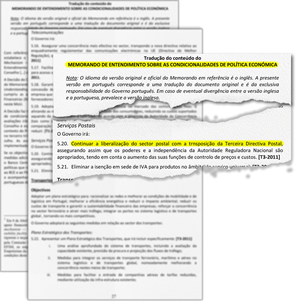 Memorando de Entendimento (Pacto de Agressão) assinado entre o Governo e a Troika com o compromisso de continuar a liberalização do Sector Postal
